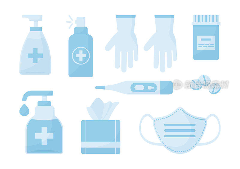 Medical vector set. Disinfectant, face mask, gloves, antibacterial spray, wipes, soap, pills, thermometer.